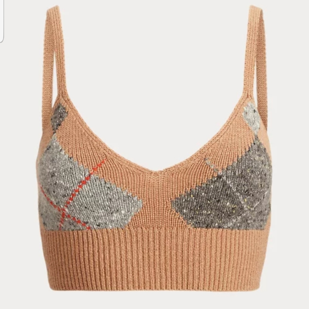 POLO RALPH LAUREN Argyle Knit Cashmere Wool Crop Ekose Camel Brown Top - Picture 3 of 11